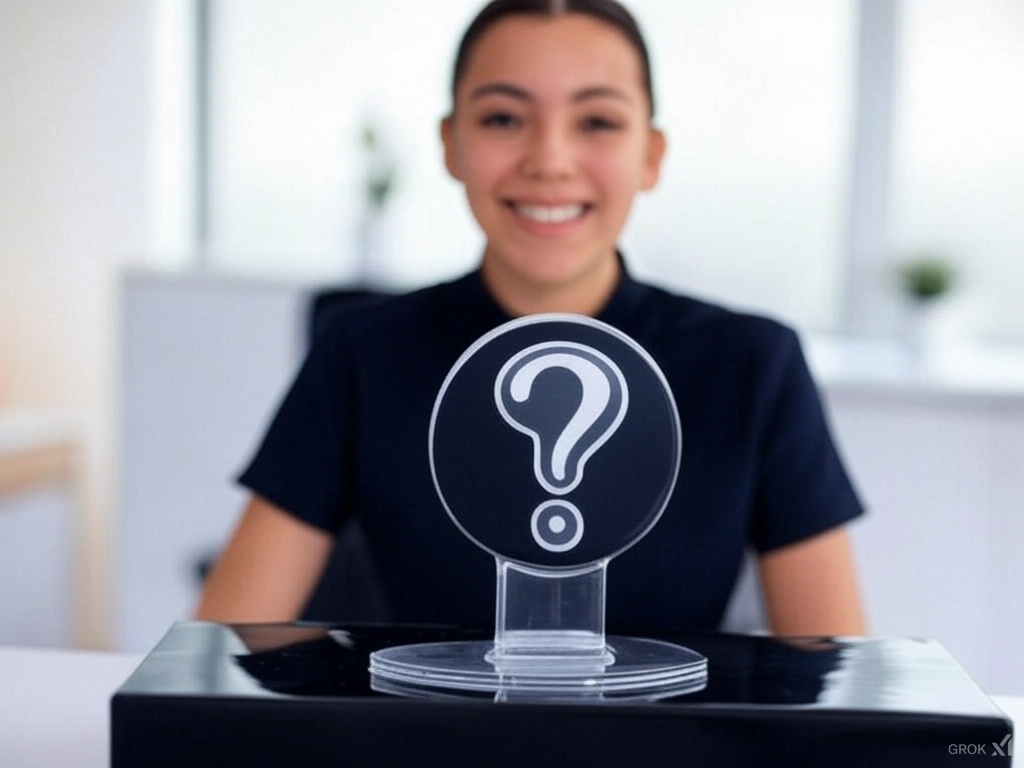 FAQ with a customer service person behind a question mark icon