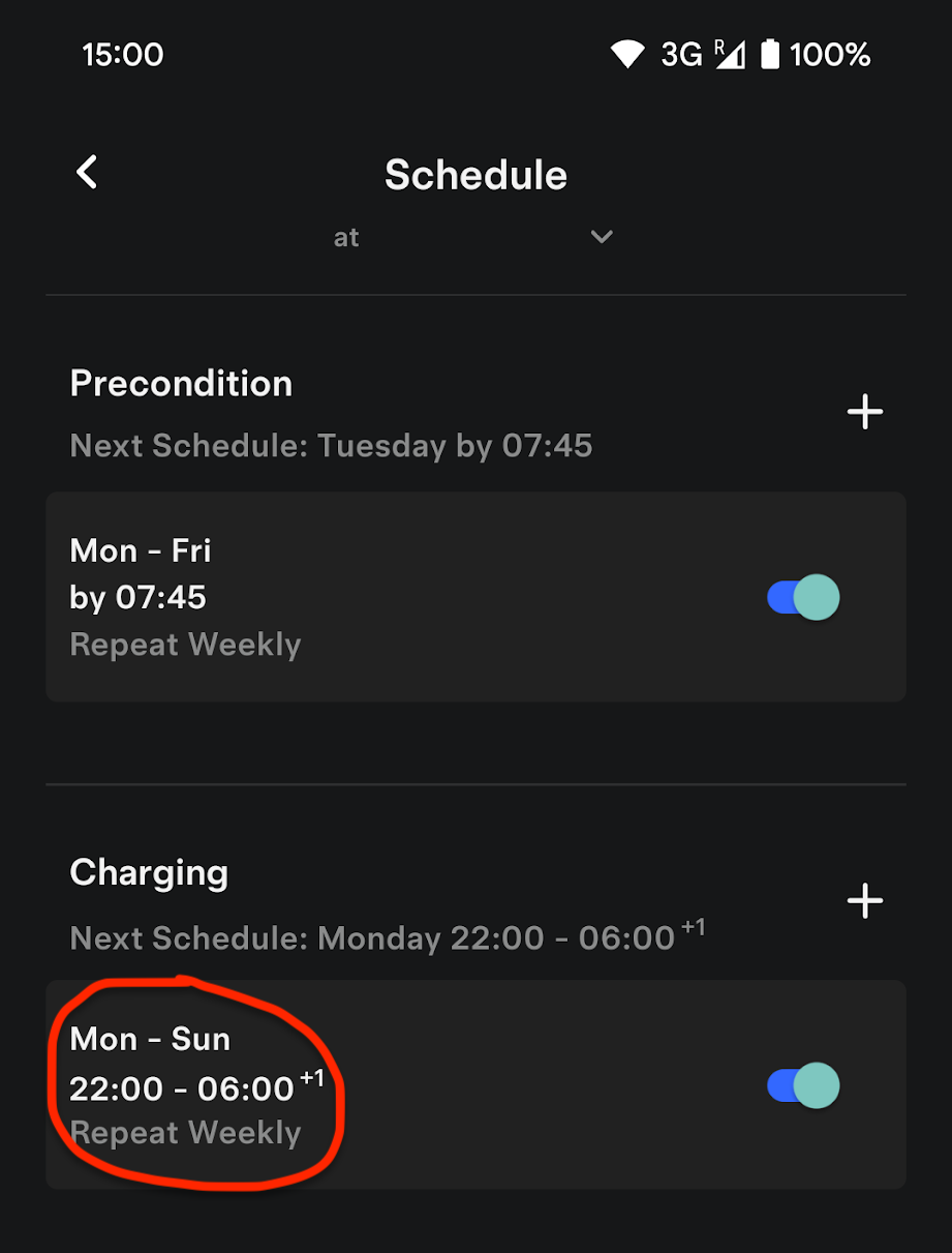 EV schedule in the Tesla app