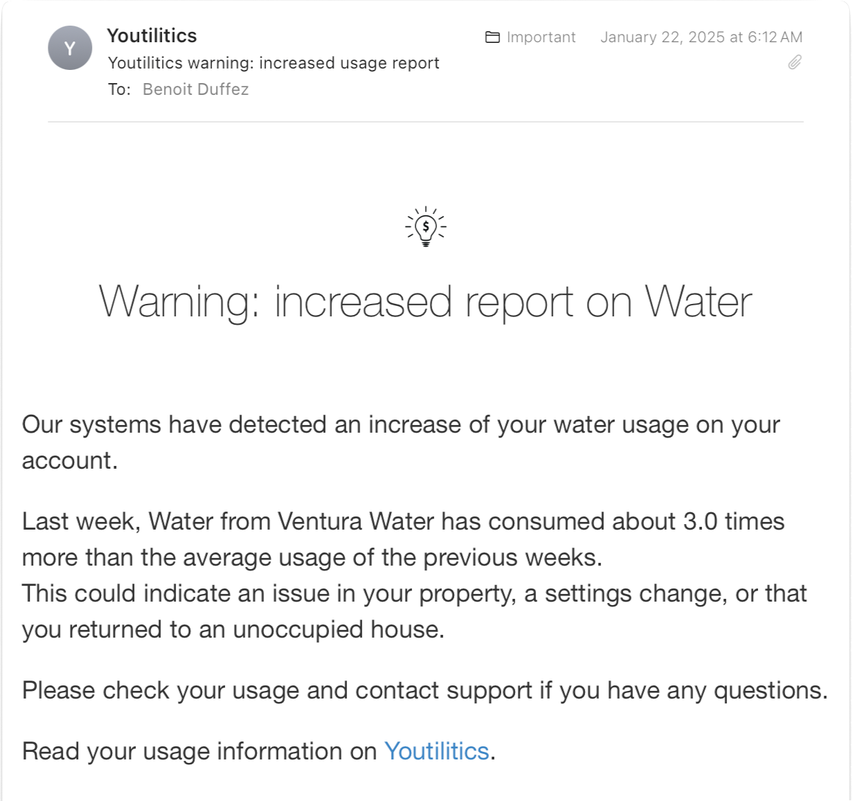 Water consumption alert email